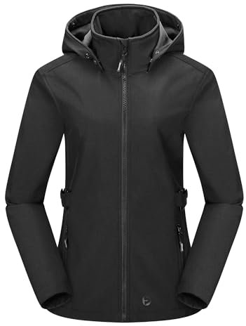 Outdoor Ventures Damen Softshelljacke Kurze Gefütterte Wasserdichte Übergangsjacke mit Abnehmbarer Kapuze Regenjacke Funktionsjacke Outdoor Regenmantel für Wandern Laufen Sporten Dunkelgrau L