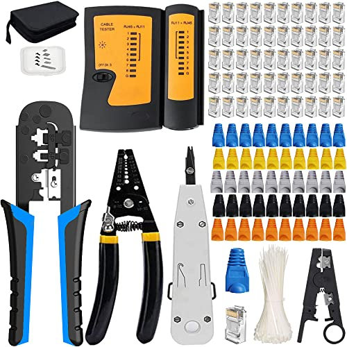 MAYLINEE Kit de réparation pour réseau de fils à sertir RJ45 Cat5, Cat6, Cat6e, RJ11, pince à sertir coaxiale, détecteur de données de fil perforé (orange)