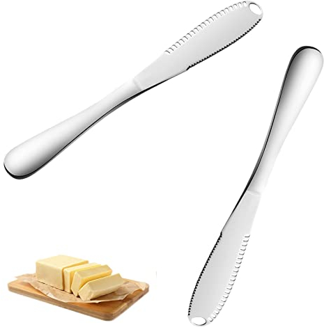 YOUDALIS Lot de 2 Couteau à Beurre, 3 en 1 Couteaux à Beurre en Acier Inoxydable, Couteau à Fromage avec Bord Dentelé Multifonction pour Couper Beurre Pain Confiture, Argent