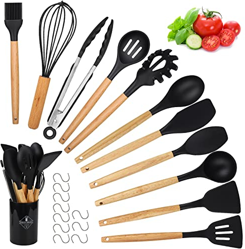 Ustensiles de Cuisine en Silicone, hicoosee 22 PCS Accessoire Cuisine Set sans BPA, Kit d'Ustensiles de Bois, Antiadhésive Set avec Pot de Rangement, Noir