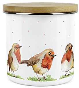 Purely Home English Robins Storage Canister - White Metal Enamel Kitchen Food Storage Container