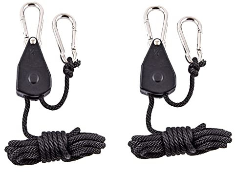 2 Pack 1/8in Heavy Duty Rope Hanger, Ttdesefu Adjustable Ratchet Plant Light Slings Buckle Tent Canopy Rope Stop Buckle Tent Guy Ropes with Pulley for Outdoor Camping Hiking(150 LB Capacity per Pair)