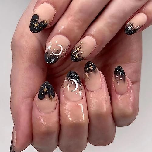 Cubahop Lot de 24 faux ongles en forme d'amande pour Halloween - Couverture complète - Serpent démon - Paillettes - Ciel étoilé - Dégradé - Pour femmes et filles (noir 3)