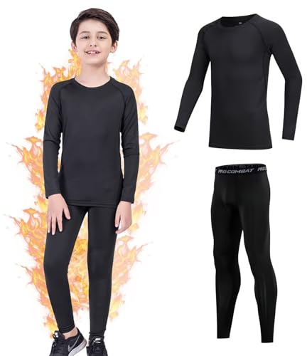 Gavena Kids Thermal Base Layer Sets Boys Football Skins Youths Compression Set Winter Under Football Kit for Children(10-11 Year,Black/Tag 28)