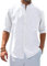 siliteelon Men's Shirts White Grandad Collar Long Sleeve Linen Shirts Regular Fit Banded Collar Summer Beach Shirt with Pocket,Large
