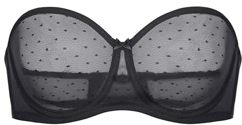 DOBREVA Women's Mesh Strapless Bra Sheer Unlined See Through Underwire Bras Plus Size Black 38DD