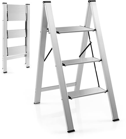COSTWAY Trittleiter Stehleiter, Aluminium Klappleiter bis 150 kg, Klapptritt Klappbar & rutschfest, Leiter Tritthocker Haushaltsleiter, für Zuhause Büro Garage, Silber (3-Stufen 44x65x89 cm)
