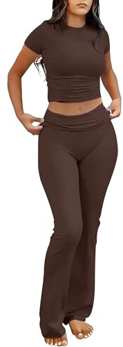 ANRABESS Lounge Sets for Women 2 Piece Foldover Yoga Flare Leggings Pants Crop Tops Casual Y2K Outfits Matching Tracksuit Set Brown Small
