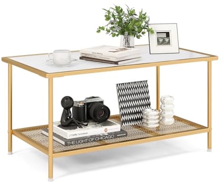 COSTWAY 2-Tier Coffee Table, Tempered Glass Cocktail Snack Tea Center Table with Metal Mesh Storage Shelf, Rectangle Accent Sofa End Side Table for Living Room, Bedroom and Office