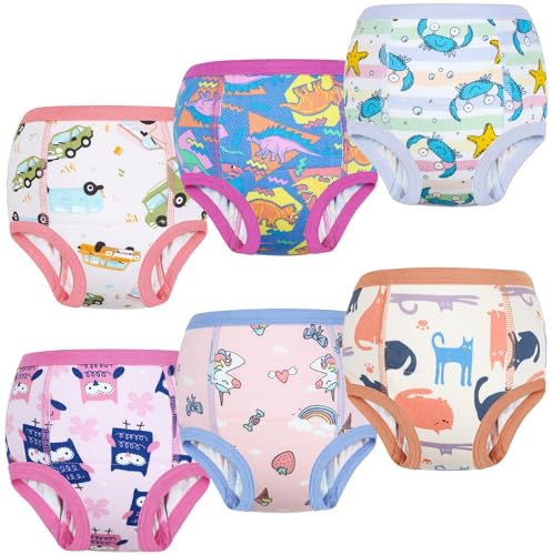 FLYISH DIRECT Potty Training Pant for Girls and Boys, 100% Cotton Absorbent Potty Training Underwear for Toddlers 6 Packs, Reusable Toilet Training Pants, 3 Years, Pink Animal