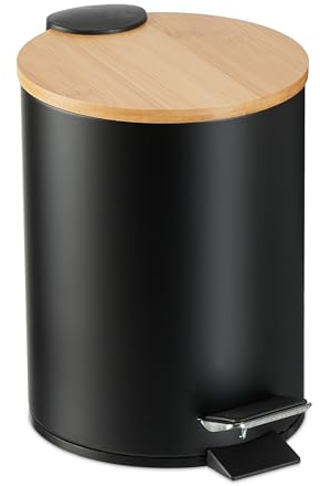 Relaxdays Kosmetikeimer, 3 Liter, Absenkautomatik, entnehmbarer Inneneimer, Bad Mülleimer, Metall, Bambusdeckel, schwarz
