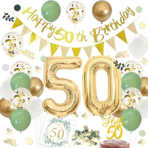 ParPix 50 Geburtstag Frau Mann Deko Set, Luftballons 50 Geburtstag Deko,Deko 50. Geburtstag Mann Girlande,Deko 50 Geburtstag Frau Grün,Konfetti 50. Geburtstag Deko,Tortendeko Servietten 50. Geburtstag
