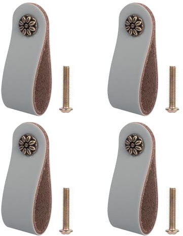 Nicola 4pcs Leather Drawer Handles, Tan Leather Drawer Pulls, Leather Handles for Drawers, Leather Handles for Furniture with Screws, Leather Handles for Cupboards, Wardrobe, Dresser, Closet (Grey)