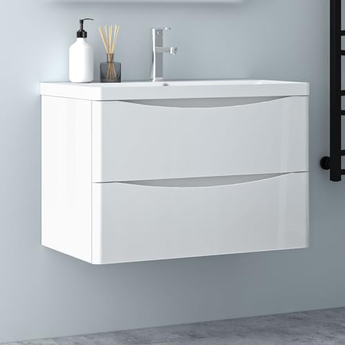 Biubiubath Hochglanz Weiß Badezimmerschrank 80cm Mineralgusswaschbecken mit Unterschrank Badmöbel-Set 2 Soft-Close Schubladen Hängend