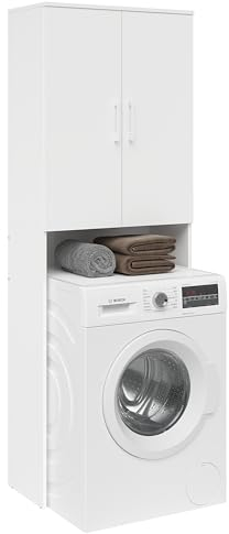 Bellamio Waschmaschinenschrank Vist für Waschmaschinen und Trockner, Waschmaschinenregal weiß, Badschrank mit Türen Hochschrank, Überbauschrank Waschmaschine, Maße 185 x 33 x 65 cm