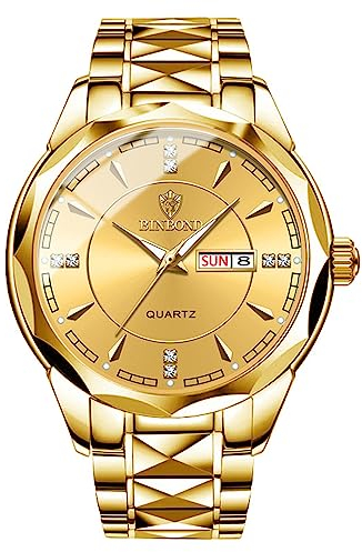 OIDEA Analoge Uhr für Paare, rund, Quarz, Kalender für Damen und Herren, wasserdicht, leuchtender Zeiger, abnehmbares Edelstahlband, für Freizeit, Business, Geschenk, vergoldet- Männer, Armband