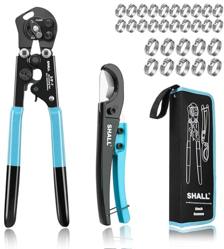 SHALL 2-in-1 Pex Crimpzange Cinch & Remove Tool mit Rohrschlauchschneider, Pex Rohrverschraubung Crimper Tool Kit für 3/8 Zoll bis 2,5 cm Edelstahlklemmen inkl. 20 Stück 1/2 Zoll, 10 Stück 3/4 Zoll