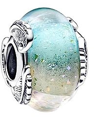 BEEUVIP Vetro multicolore di Murano e piuma curva Charm per bracciali, ciondoli in argento 925, perline per collane, per la festa della mamma