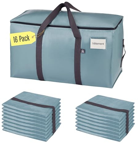 VENO Sac Demenagement Grand Format, Sac de Rangement Vêtement Pliable avec Grande Ouverture Zippée et Poignées Renforcées, Alternative aux Cartons Déménagement (Bleu Clair, Lot de 16)