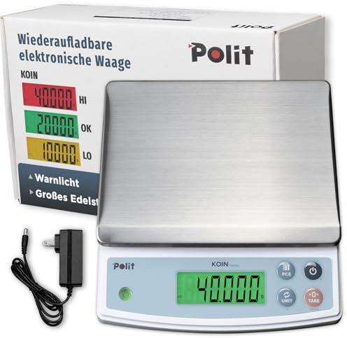 Polit KOIN Digital Food Scales, Rechargeable High Capacity, 18kg/40lb | Stainless Steel Tray, 1g Precision, 3-Colour Indicator, Backlit LCD With Tare, Baking, Meal Prep & Vendor Packing