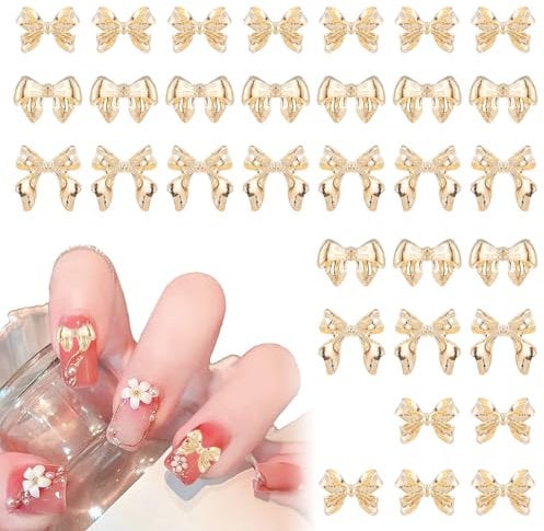 100 Pcs Aurora Bow Nail Charm, Bowknot Nail Accessories, Resin Cute Nail Rhinestone Glitter, 3D Mix Styles Nail Decoration Kits for Nail Art, Craft and Decoration(Gold)