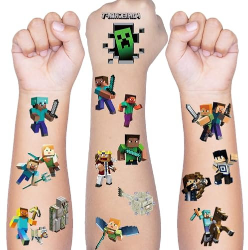 ROMANVIC Tattoo Kinder, 8 Blätter Minecraft Temporäre Tattoo Aufkleber Set für Mädchen Jungen Kindertattoos Wasserdicht für Geburtstagsgeschenke Kindergeburtstag Mitgebsel Festival Party Deko