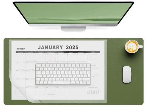 Aothia Schreibtischunterlage mit 18-Monats-Kalender 2025-2026, 80x40cm große Mauspad,Rutschfeste PU Leder schreibunterlage für Büro & Zuhause,Olivgrün