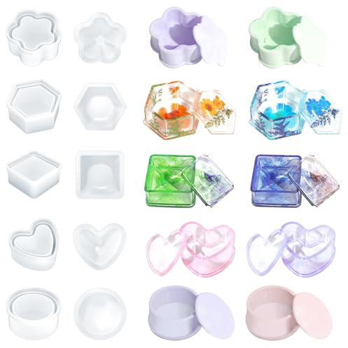 5 moldes de resina epoxi de silicona, para joyero, moldes de silicona, moldes de resina que incluyen hexágono redondo cuadrado corazón flor para manualidades, caja de almacenamiento, velas