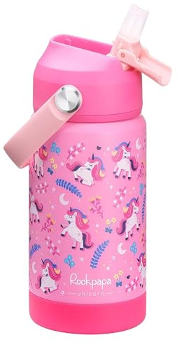 Rockpapa Kids Insulated Water Bottle with Straw, BPA-Free, 18/8 Stainless Steel, Leak Proof, 14OZ Metal Cup Water Bottle for School Boys Girls (Pink Unicorn)
