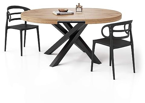 Esstisch, rund, ausziehbar, 120 x 160 cm, rustikale Eiche, schwarze gekreuzte Beine, hergestellt in Italien