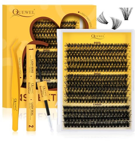 QUEWEL Kit Extension Cils, 280pcs 60+80+100D Faux Cils Naturel Mixte 12-18mm Extension Cils Souples avec Colle Faux Cils and Seal, et Pince Extension De Cils Facile DIY à la Maison (KIT 60+80+100)