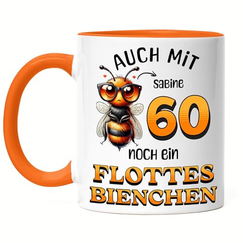 Kiddle-Design Personalisierte Tasse 60. Geburtstag - Flottes Bienchen ist 60-60ter Geburtstag Lustiges Geschenk Frau Frauen - Tasse Orange