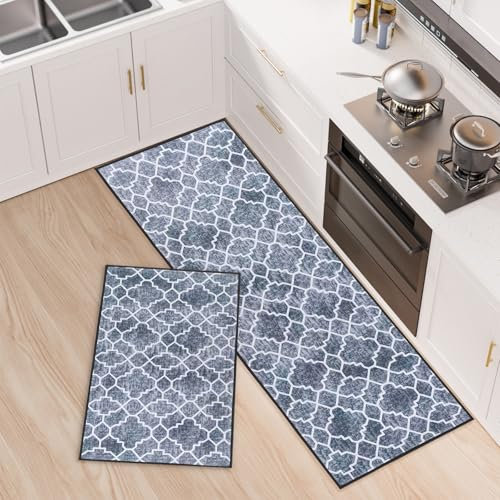 OPLERT Alfombras de Cocina Antideslizantes 2 Piezas, Absorbentes de Agua y Resistentes a Las Manchas, Alfombras de Correr Lavables para Pasillo, Cocina, Lavadero, Salón,Gris,43x75+43x120cm