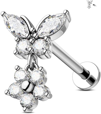 Jewseen Flache Rückseite Ohrring Innengewinde Helix Ohrring Blume baumeln Knorpel Piercing Schmuck 316L Chirurgenstahl Tragus Stud