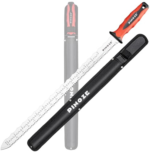 Pinoze 16 Insulation Knife, Stainless Steel Blade Insulation Cutter w/Laser Scale, Dual-Side Serrated Duct Knife Tool with Sheath for Cutting Heat Material Foam/Rockwool/Styrofoam, Garden Sod Cutter