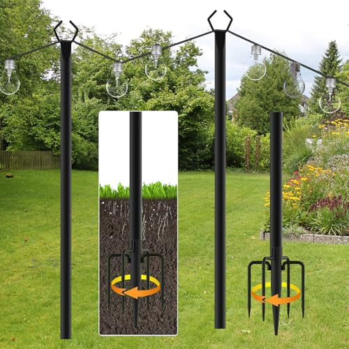 2 Pack String Light Poles, 10 Ft Metal Light Poles for Outside String Lights, Lichterkette Stange Außen mit Gabel, Metallstangen für Draußen, Terrasse, Garten, Hochzeit, Party, Weihnachten (2 Pack)