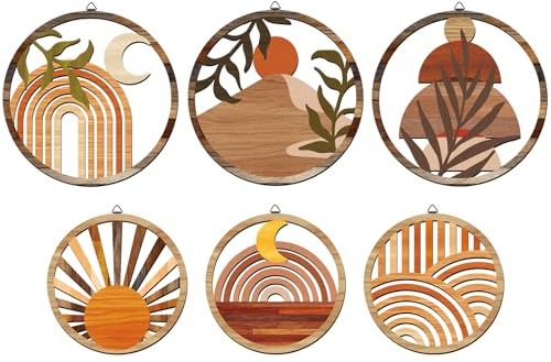 twinklemon 6 Stück Wanddekoration, Bohème, rund, aus Holz, zum Aufhängen, mit Haken, minimalistische und abwechslungsreiche Wanddekoration, für Wohnzimmer, Schlafzimmer, Haus, Flur und Treppen