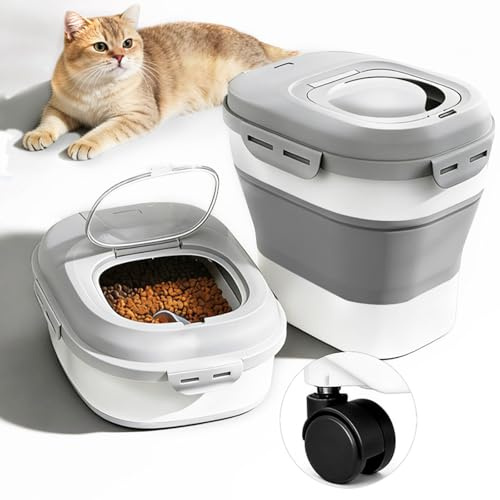Contenedor Pienso Perro Gato Plegable Cubo, Contenedor de Comida 22kg | con Tapa y Ruedas, Recipiente Grande Hermético, Tapa Abatible, Transparente para Comida Perros y Gatos, Mascotas