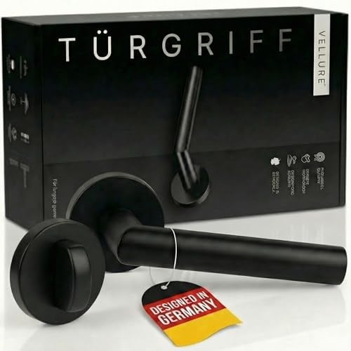 Vellure WC BLACK Türgriffe Schwarz Innentüren [Inkl. Bohrschablone] – Premium Drückergarnitur WC & Türklinke Schwarz – Hochwertiger Türgriff & Türbeschläge Set – WC Türschloss mit Drehknopf