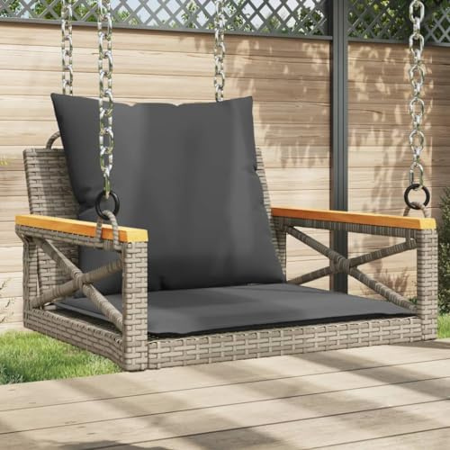 Hoopleep Hängesessel mit Kissen Grau 63x62x40 cm, wetterfestes Poly Rattan für Garten & Terrasse, robuster Stahlrahmen, bequemer Schaukelstuhl für den Außenbereich