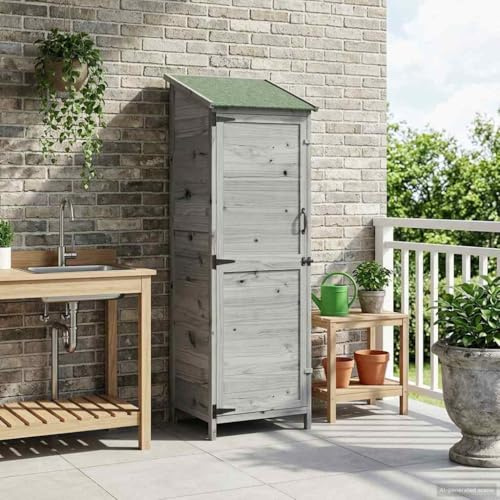 Casetta da giardino rettangolare in legno grigio 59,5 x 56 x 176,5 cm in legno con tetto in asfalto impermeabile e porta di ventilazione per attrezzi da giardino