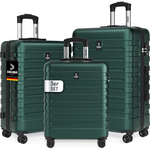 DEUBA TRAVEL Koffer Set 3tlg Hartschalenkoffer Dunkelgrün | Sicherer Stauraum, Kreuzgurt, PVC Fach, Reisekoffer M, L, XL, Trolley, Suitcase, 360° Rollen, Handgepäck 55x40x20