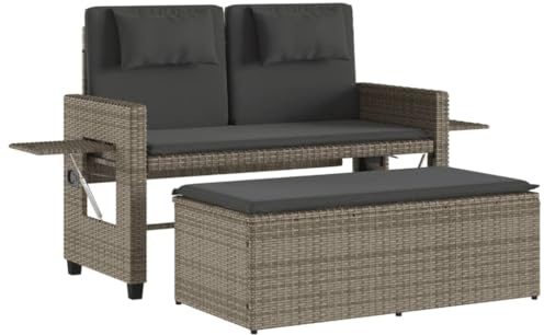 QJBSAVVA 2-in-1 Gartenbank Verstellbar mit Hocker und Kissen Grau Poly Rattan Gartensofa mit Klappbaren Beistelltischen Ausziehbares Schlafsofa für Terrasse Balkon und Garten