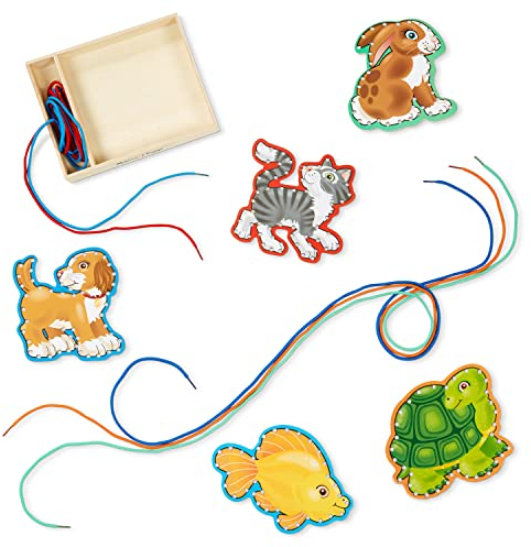 Melissa & Doug Holzschablonen und Schnüre – Haustiere | entwicklungsförderndes Spielzeug | Schnüraktivitäten | 3+ | Geschenk für Jungen oder Mädchen