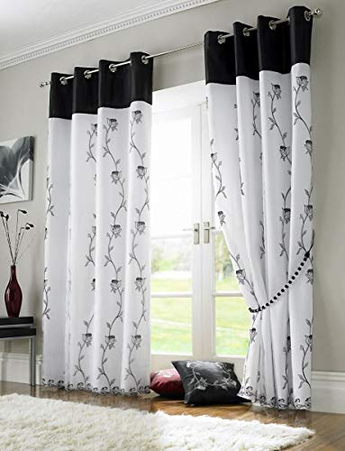 Tahiti Embroidered Lined Voile Eyelet Curtains, Black, 56 x 72-Inch