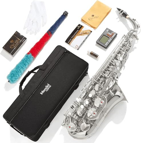 Mendini By Cecilio Alto Saxophone for Beginners, E Flat Alto Saxophone for Musicians with Tuner, Mouthpiece, Case, 10 Reeds, Grease, Cleaning Cloth & Rod, Gloves, Strap, Lesson Book (Silver)