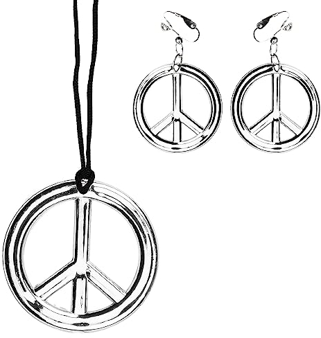 Boland 44517 - Schmuckset Peace, 3-teiliges Set, zwei Ohrringe und eine Halskette, Modeschmuck, Hippie, 70er Jahre, Flower-Power, Accessoire, Karneval, Mottoparty