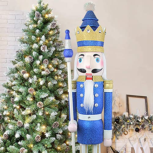 CDL 120cm 48 4Ft Tall Life-Size Large/Giant Blue Glitter Christmas Wooden Nutcracker King Ornament On Stand Holds Golden Scepter For Indoor Outdoor Xmas/Event/Wedding Party Decoration K33