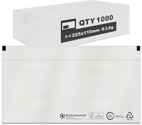 verpacking Lieferscheintaschen 225 x 110 mm Transparent DIN Lang [Stückzahl wählbar] selbstklebende Begleitpapiertaschen Dokumententaschen für Versand und Lager 1000 Stück