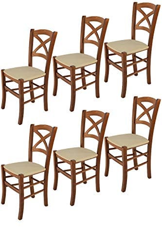 Tommychairs - Set 6 chaises Cross pour Cuisine, Bar et Salle à Manger, Robuste Structure en Bois de hêtre peindré en Couleur Noyer Clair et Assise rembourrée et revêtue en Tissu Couleur Chanvre